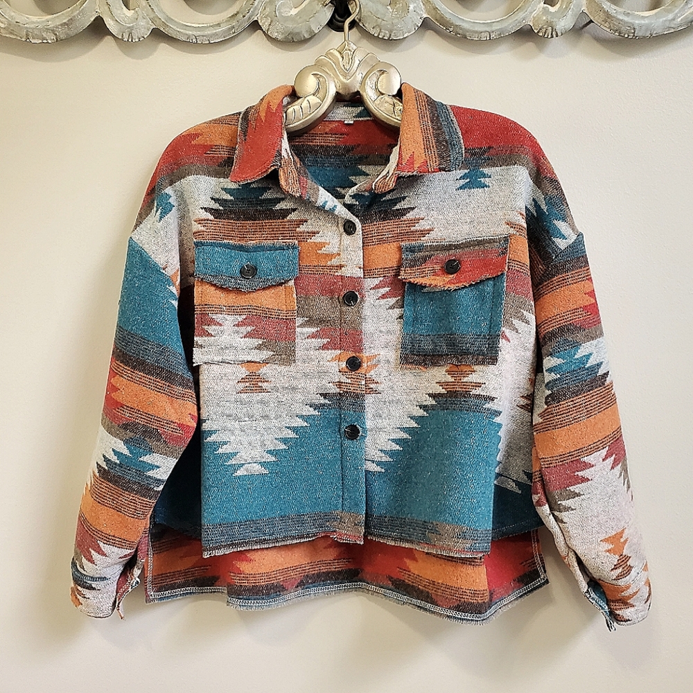 Distressed Yellowstone Aztec Native Flannel Jacket Coat Shacket Top Blue Red - Picture 3 of 11